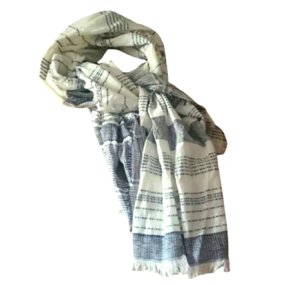 Banana Republic Textured Cotton Linen Striped Scarf White Navy Fringe Edges NWOT - Picture 5 of 15